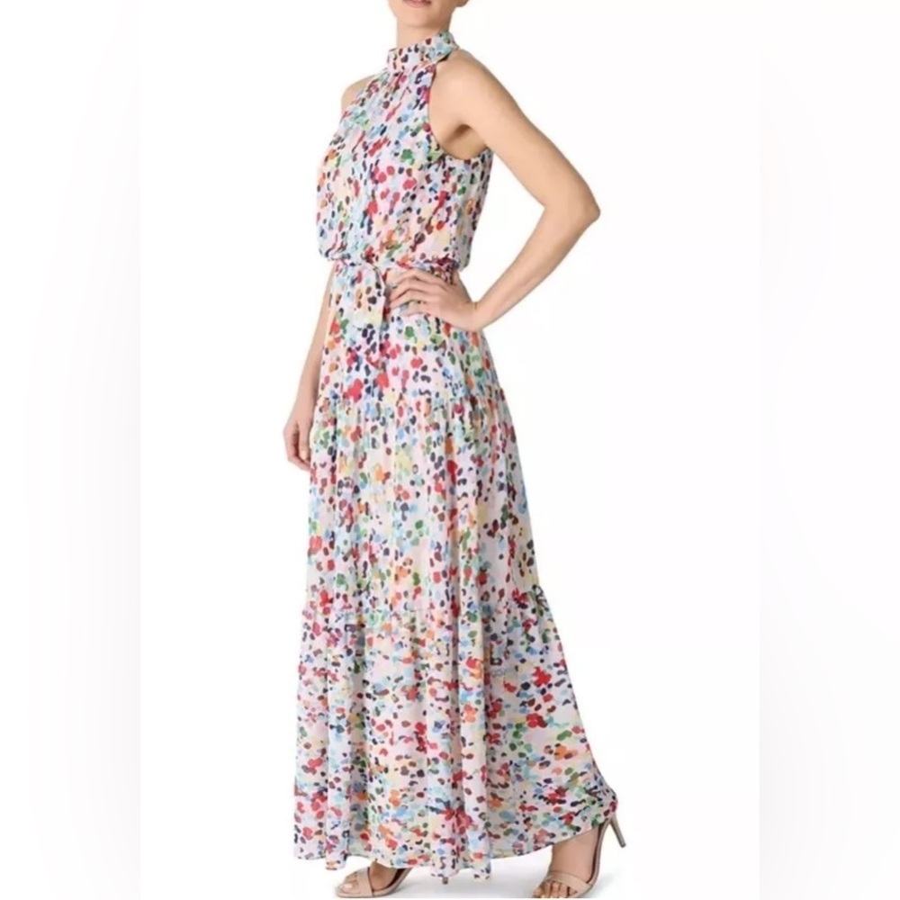 Julia Jordan Confetti Color Block Chiffon Mock Neck Maxi Halter Dress Size 8
